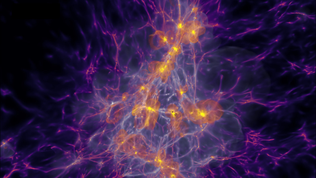A MEGATRON cosmological simulation of the first galaxies at redshift 10, showing gas density, oxygen emission and the cosmic web.